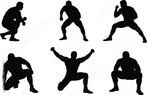 Set of black vector silhouettes of a wrestler man in various fighting poses, ready to fight, isolated on white background.