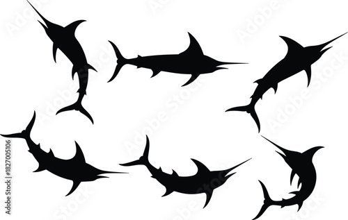 Collection of black swordfish silhouettes, atlantic marlin vector illustration set, deep sea fishing symbols, isolated on white background.