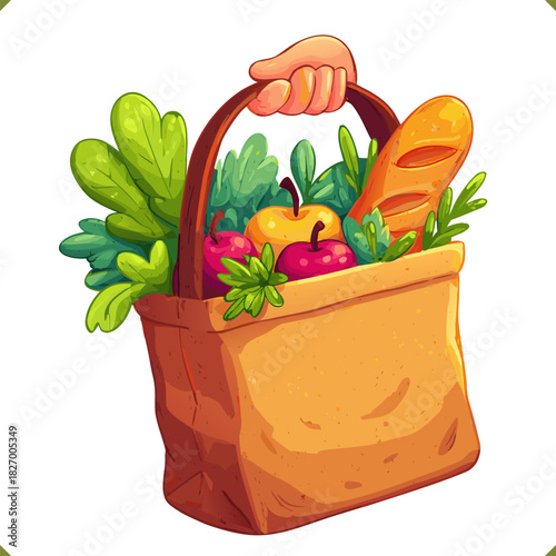 Vector illustration of a hand holding a reusable bag filled with bread, vegetables, fruits, symbolizing healthy shopping, isolated on a white background