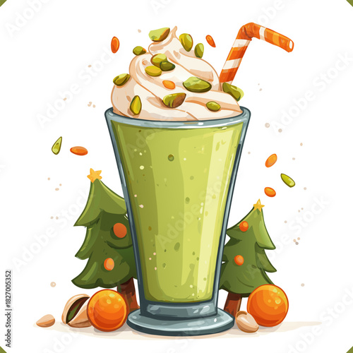 Vector illustration of a pistachio milkshake with whipped cream, nuts, striped straw, Christmas trees, isolated on a white background. Vector illustration of pistachio beverage on white background