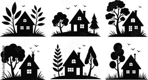 Silhouette houses, trees, birds, nature, pitched roof, peaceful scene, landscaping, environment, rural vibe, flat vector illustration