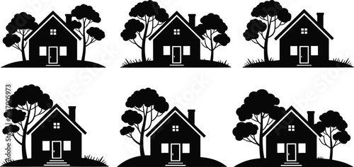 Silhouette houses, trees, nature, pitched roof, chimney, windows, grass, peaceful neighborhood, rural scene, flat vector illustration