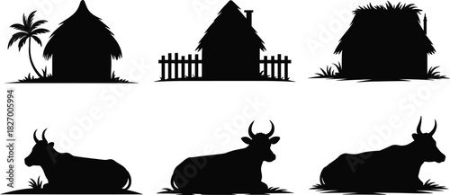 Traditional huts, rural life, cows resting, silhouette, nature, village scene, livestock, peaceful setting, flat vector illustration