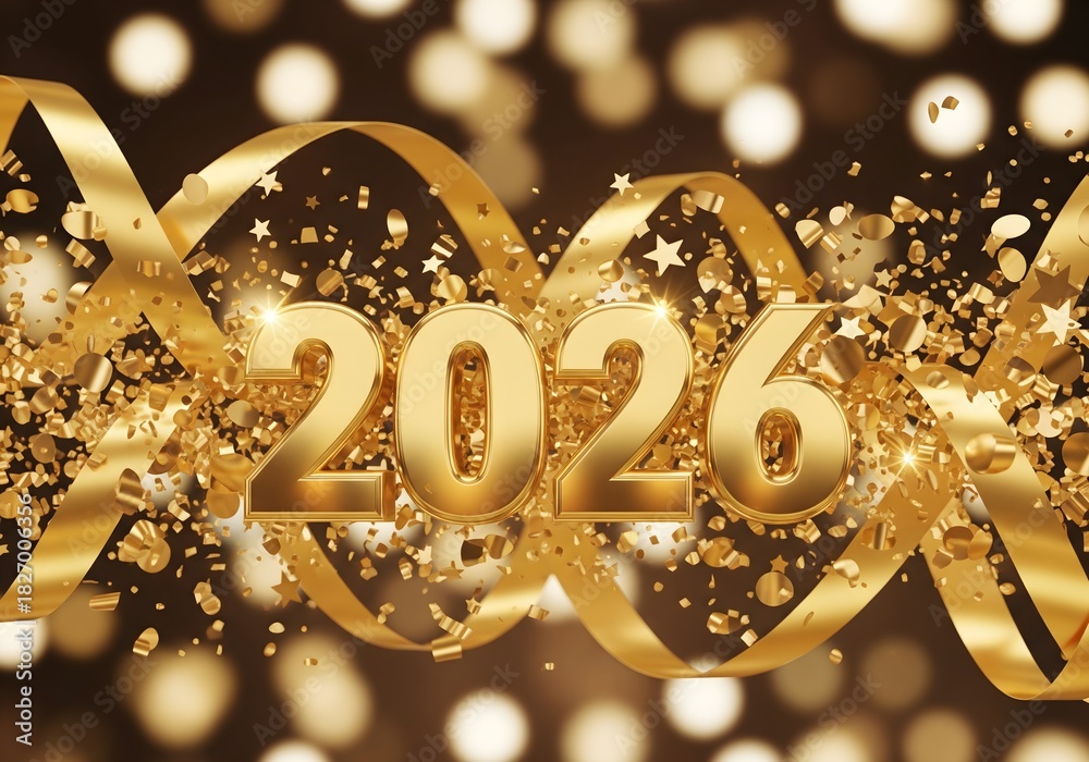 Naklejka premium Ultimate Golden Celebration: Shiny 2026 Numbers Swirling in a Cascade of Gold Confetti, Ribbons, and Bokeh Lights