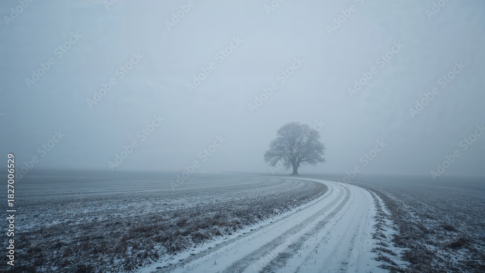 Fototapeta premium A snowy landscape with a winding road and a lone tree under a foggy sky.