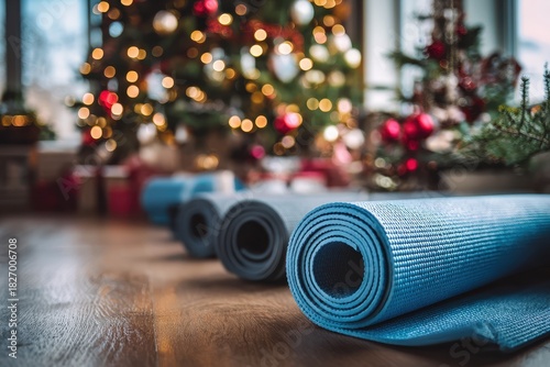 Cozy home workout scene with soft lighting, featuring yoga mats and nutritious meals on a table, complemented by a decorated holiday tree
