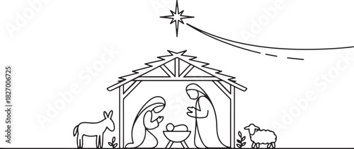 Baby Jesus lying in a manger in a stable. Biblical nativity scene. One line drawing. Vector illustration