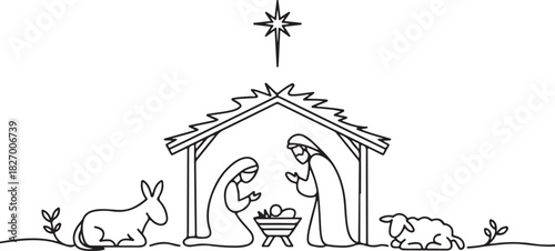 Baby Jesus lying in a manger in a stable. Biblical nativity scene. One line drawing. Vector illustration