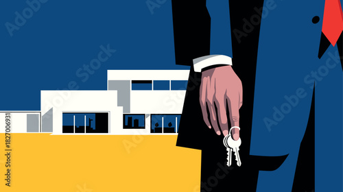 Real Estate Agent with Keys in Front of Modern House, Vector Illustration