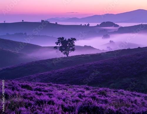 A serene landscape at dawn or dusk, featuring rolling hills blanketed in purple blooms. A single tree stands silhouetted