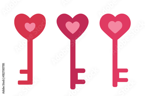 Set of valentine's day heart shape key flat vector illustration.
Love key element clipart.
White background.
