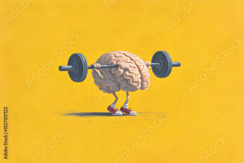 Brain character lifting weights on yellow background – creative fitness concept for motivation