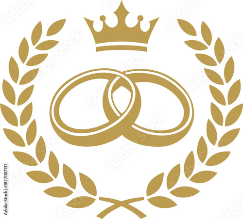 Golden Wedding Rings with Crown and Laurel Wreath Emblem