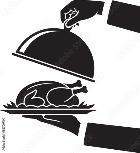 Black waiter hands holding serving tray with baked bird and lid cover cloche for food. Vector silhouette illustration