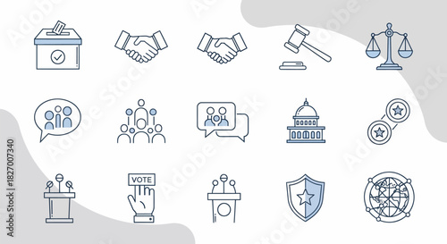 Collection of Political and Legal Icons Representing Democracy and Justice.