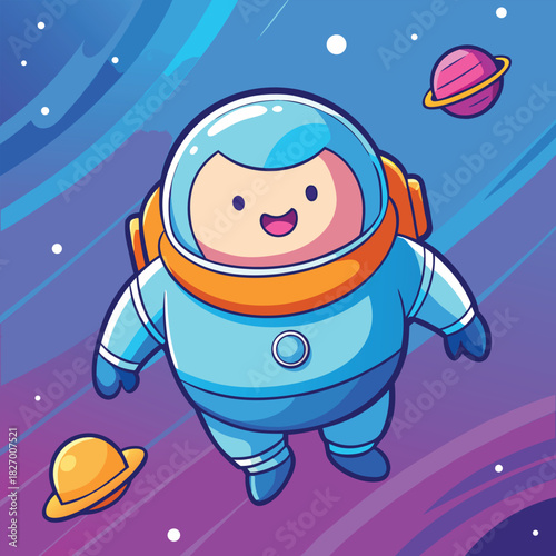 Cute cartoon illustration of a smiling child playing with a toy rocket near the sea on a summer beach