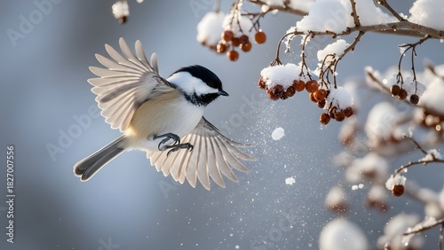 Delightful chickadee takes flight near snow-covered berries, capturing the pure joy of winter, a reminder of nature's beauty and resilience
