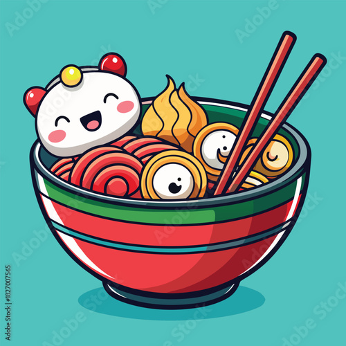 Hot Chinese soup in a bowl with chopsticks, a vector illustration of a dinner meal icon