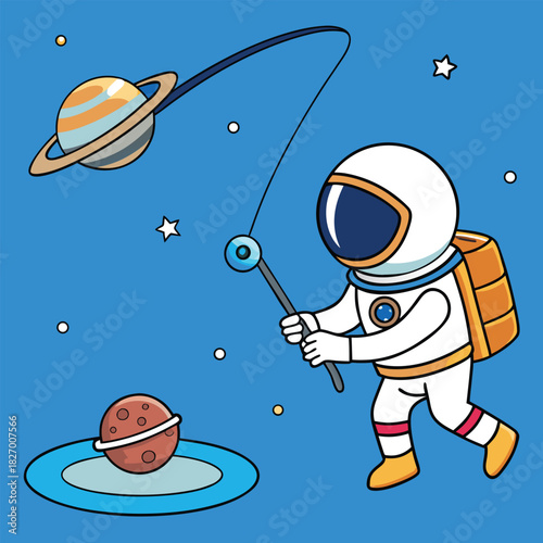 Cartoon boy astronaut vector illustration drawing of a child having fun in space with his funny dog