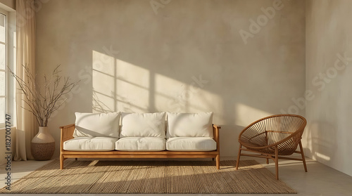 Inviting interior design featuring a comfortable couch and stylish chair bathed in warm light, perfect for home decor inspiration and serene living spaces