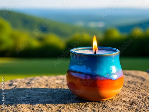 Vibrant ceramic candle illuminates stone with warm glow at dusk