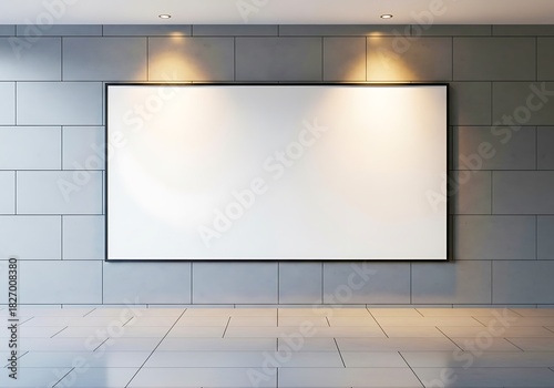 Blank large display frame on modern gray tiled interior wall