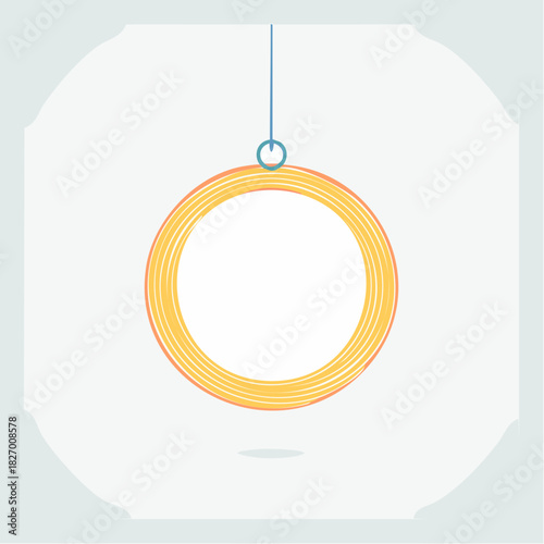 Circular Design Element with Yellow and Orange Gradient Swirls Suspended by a Blue String, Abstract Artistic Ornament