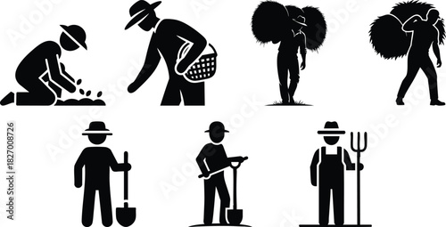 Farm icon set. Farm Worker with Shovel, Farm Worker Harvesting, Farm Worker Carrying Hay, Farm Worker Planting Seeds, Farm Worker with Pitchfork