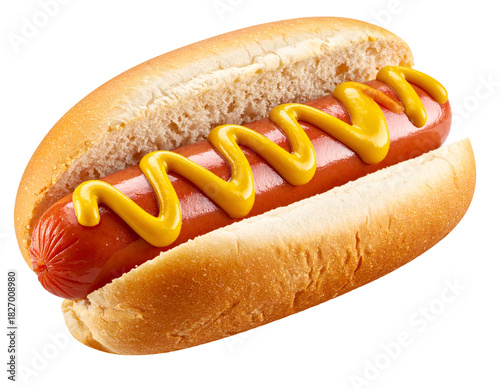 Hot dog with mustard in bun, close-up shot, isolated background