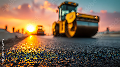 Cinematic view of freshly laid asphalt road construction at sunset