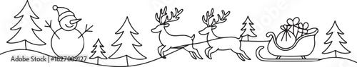 Christmas landscape continuous one line vector drawing. Santa in sleigh with deers, trees, snowdrifts, snowman