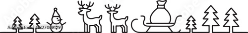 Christmas landscape continuous one line vector drawing. Santa in sleigh with deers, trees, snowdrifts, snowman
