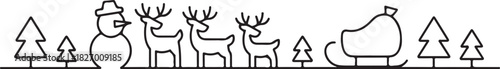 Christmas landscape continuous one line vector drawing. Santa in sleigh with deers, trees, snowdrifts, snowman