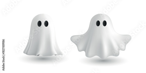 Vector 3d Halloween Ghost Clipart. Cute Halloween Ghost Character, Isolated. Cartoon Halloween Ghost Icon. Spooky White Ghost Illustration for Halloween Party Design