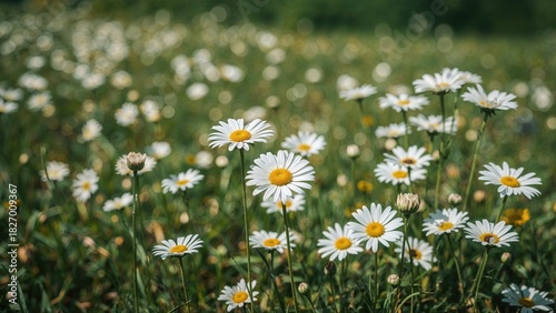 Fototapeta Naklejka Na Ścianę i Meble -  Field of daisies in bloom on green grass with a blurred background. Nature and flowers scene. Sunny day and outdoor environment.