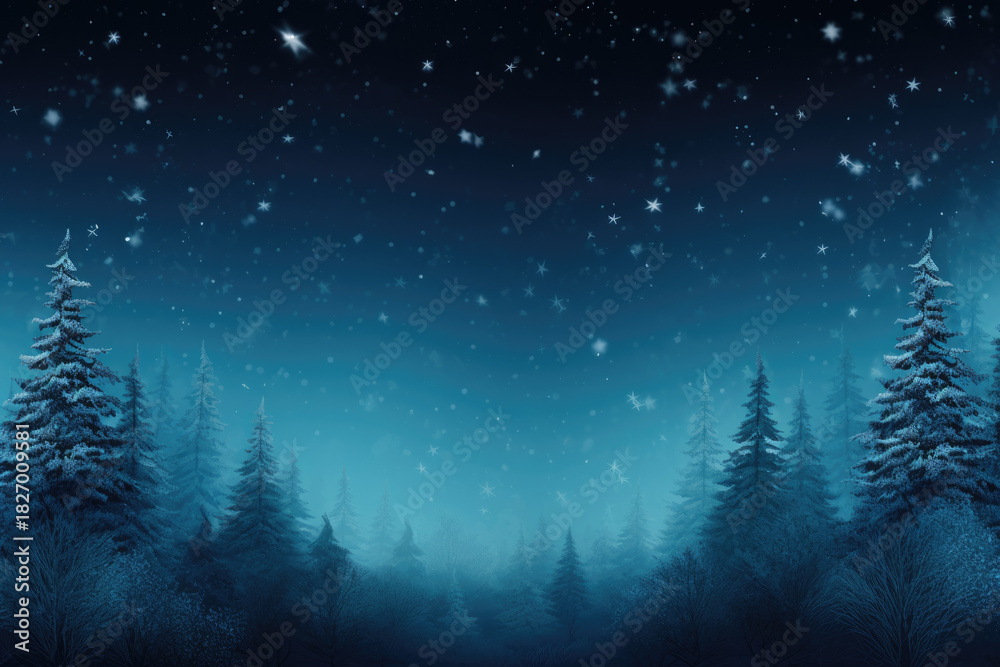 Fototapeta premium Snowy Winter Forest Under Starry Night Sky