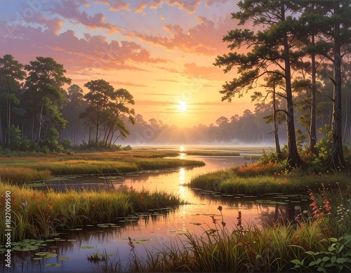 A serene landscape displaying a marsh at sunrise. Trees frame the scene and the sun reflects in the calm water