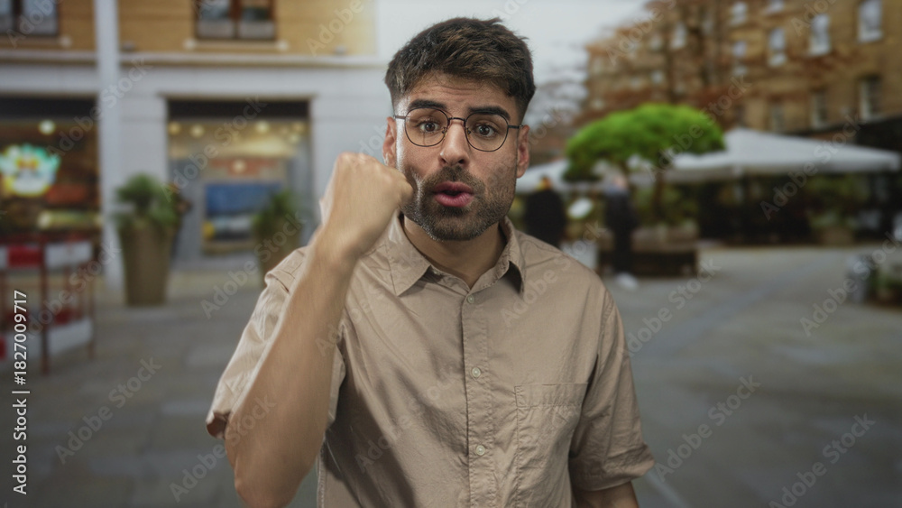 Obraz premium Man wearing glasses raising fist and shouting with open mouth on busy city street, storefront visible behind him; anger.