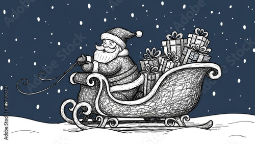 Joyful Santa Claus dashes through the snow with a sleigh full of presents, spreading holiday cheer and magic during the Christmas season