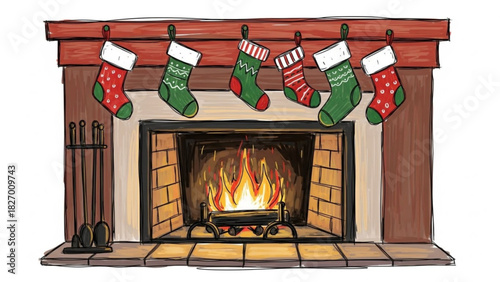 Cozy fireplace scene with festive Christmas stockings, perfect for holiday greetings and warm wishes from a hand drawn vector graphic, seasonal cheer