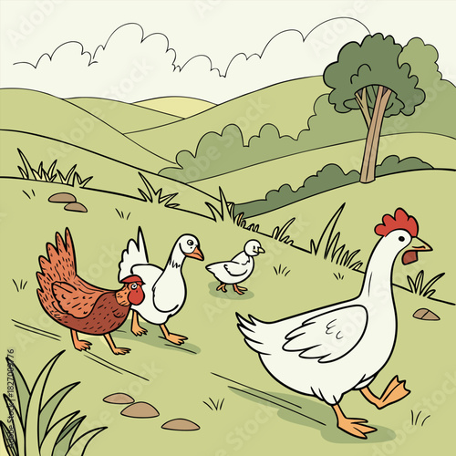 Closeup shot of a hen sitting on the grass with its chicken