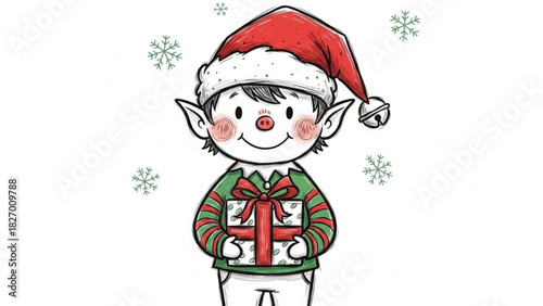 Festive Christmas elf with a present bringing holiday cheer, perfect for seasonal greetings and joyful design, originally a scalable vector graphic