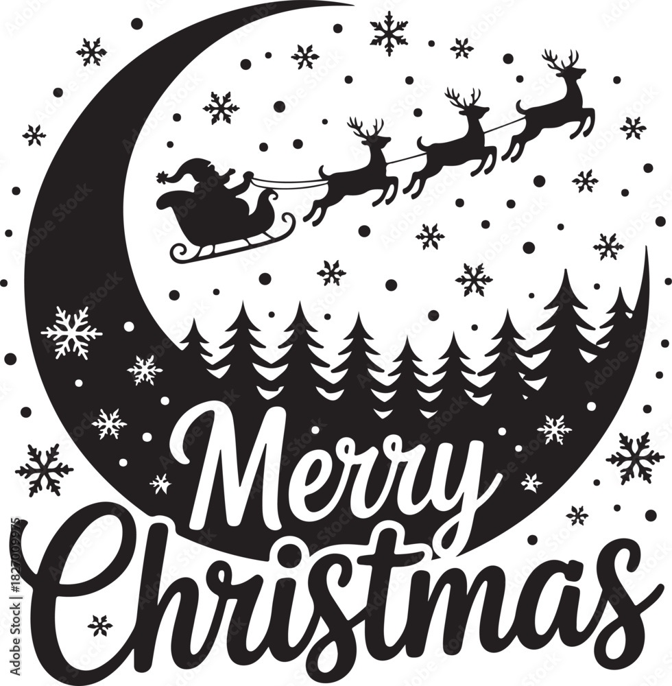 Fototapeta premium Christmas Scene,Christmas Village vector clipart,Santa Sleigh,Christmas Santa,Cutting Files,Santa's Reindeer,Merry Christmas,Reindeer,Snow Snowflakes Paper Cut