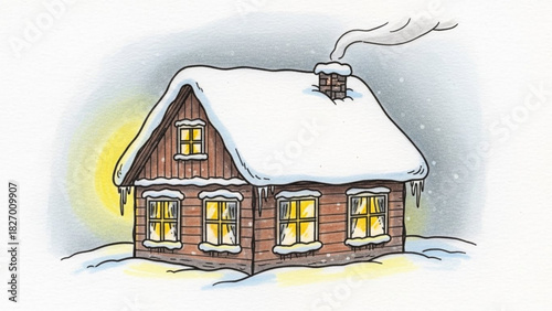Charming winter cabin illustration, snow covered roof and glowing windows evoke cozy holiday feelings, perfect for greeting cards or seasonal designs