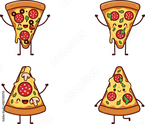 Cartoon pizza slice characters, funny food illustration, anthropomorphic pepperoni pizza, kids menu art, happy snack vector, cheesy topping design