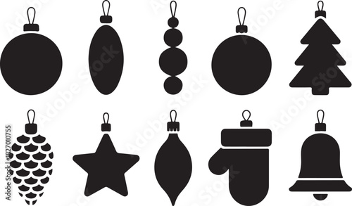 Christmas tree toy black glyph silhouette set. New year holiday decoration stamp stencil mark trace candy star ball pine cone icicle mitten bell spiral gift celebration design party element isolated