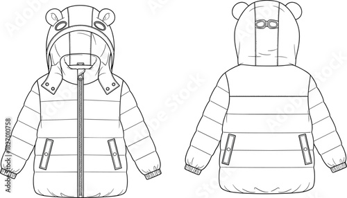 Children's winter jacket, hooded puffer coat, bear ear hoodie, technical sketch, CAD drawing, flat vector, fashion design, garment template