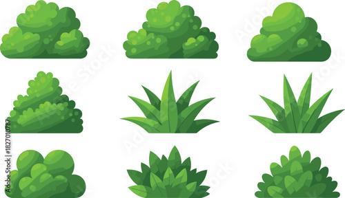 Green bush foliage vector set, stylized shrubs illustration, landscape design elements, garden plant clipart, decorative botanical greenery pack
