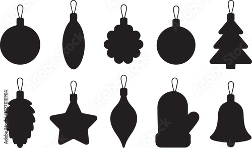 Christmas tree toy black glyph silhouette set. New year holiday decoration stamp stencil mark trace candy star ball pine cone icicle mitten bell spiral gift celebration design party element isolated