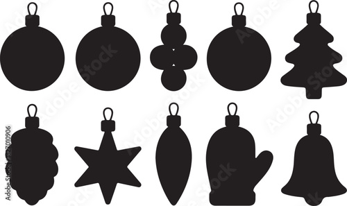 Christmas tree toy black glyph silhouette set. New year holiday decoration stamp stencil mark trace candy star ball pine cone icicle mitten bell spiral gift celebration design party element isolated